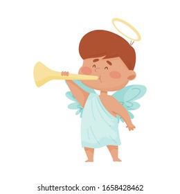 Cute Boy Angel with Gold Nimbus and Wings Holding Trumpet Vector Illustration