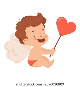 Cute Boy Angel with a Heart-shaped Wand Vector Illustration. Isolated Cartoon Sitting and Smiling Cupid.