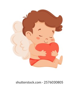 Cute Boy Angel Hugging a Heart Vector Illustration. Isolated Cartoon Sitting Cupid with Smile and Closed Eyes .