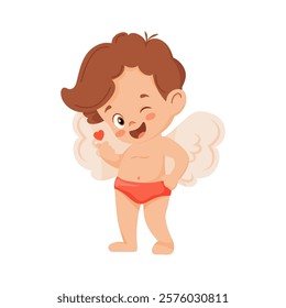 Cute Boy Angel Making a Korean Heart Sign Vector Illustration. Isolated Smiling Cartoon Cupid.