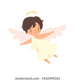 Cute Boy Angel with Nimbus Flying with Wings, Lovely Baby Cartoon Character in Cupid or Cherub Costume Vector Illustration