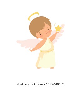Cute Boy Angel with Nimbus and Wings Holding Golden Star, Lovely Baby Cartoon Character in Cupid or Cherub Costume Vector Illustration