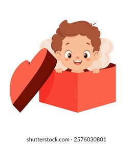 A Cute Boy Angel Peeking Out of the top of an open Red Gift box, smiling and looking playful. Cartoon Cupid Vector Illustration.