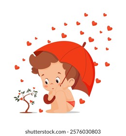 Cute Boy Angel Sitting under Umbrella and Looking at the Plant Vector Illustration. Isolated Cartoon Cupid under Heart-shaped Rain.