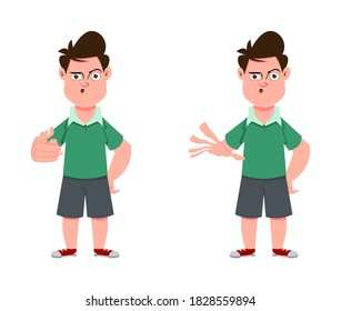 lindo chico posa enojado. Carácter de estilo plano de niño para diseño, movimiento o diseño.