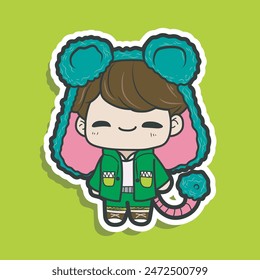 cute boy with a animal fur hat sticker cartoon vector, flat cartoon style
