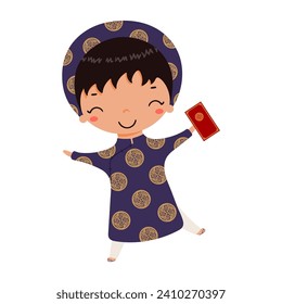 Cute boy in ao dai, holding red envelope character illustration. Hand drawn cartoon vector illustration. Flat style design. Vietnamese New Year Tet holiday card, poster, banner element