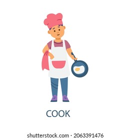 Cute boy in apron and chef hat with frying pan, flat vector illustration isolated on white background. English vocabulary in pictures for children. Card for learning word cook.