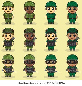 Cute Boy Army cartoon bundle. flat boy cartoon character design. Soldiers Isolated vector illustration.