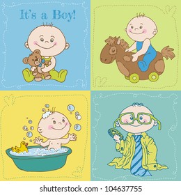 Cute Boy. Arrival or Baby Shower Card in vector