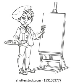 Cute boy in artist costume with palette and brushes near the easel outlined for coloring page