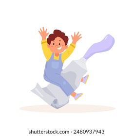 Cute boy artist sits on top of a big tube of paint. Funny cartoon character. Concept of childrens art and design school. Vector illustration