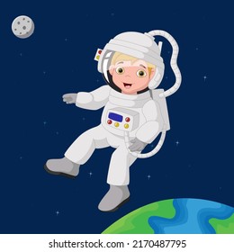 Cute boy astronaut cartoon in outer space