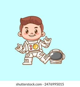 Cute boy astronaut dance kawaii chibi character mascot illustration outline style set