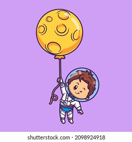 Cute Boy Astronaut Floating With Moon Balloon Cartoon Vector Icon Illustration. People Science Icon Concept Isolated Premium Vector. Flat Cartoon Style