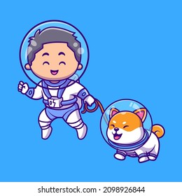 Cute Boy Astronaut Floating Shiba Inu Dog Cartoon Vector Icon Illustration. People Animal Icon Concept Isolated Premium Vector. Flat Cartoon Style