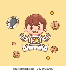 Cute boy astronaut happy flying in space kawaii chibi character mascot illustration outline style set