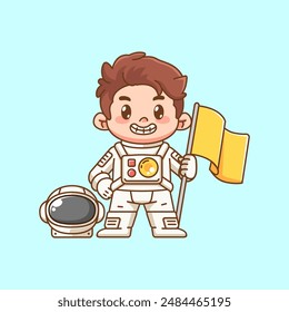 Cute boy astronaut holding flag kawaii chibi character mascot illustration outline style set