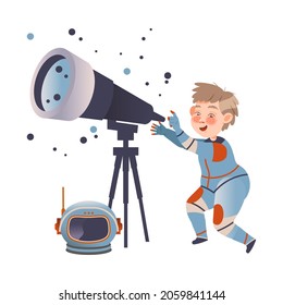 Cute boy astronaut looking at stars in using telescope. Design element can be used for children print, books, stickers, posters vector illustration