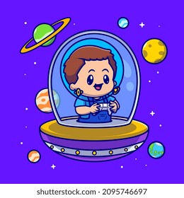 Un Astronauta Astronauta Jugando Juego En Ilustración Icono Del Vector De Caricatura De La Ufo. Vector Premium Aislado De Icono De La Ciencia De La Gente. Estilo de dibujo plano
