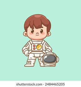 Cute boy astronaut pose kawaii chibi character mascot illustration outline style set