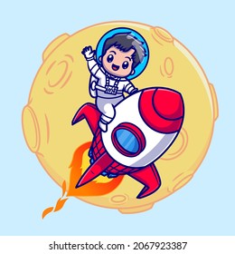 Cute Boy Astronaut Riding Rocket With Moon Cartoon Vector Icon Illustration. People Technology Icon Concept Isolated Premium Vector. Flat Cartoon Style