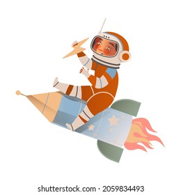 Cute boy astronaut in space suit flying on rocket. Design element can be used for children print, books, stickers, posters vector illustration