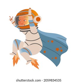 Cute boy astronaut in space suit flying on jetpack. Design element can be used for children print, books, stickers, posters vector illustration