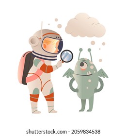 Cute boy astronaut in space suit examining alien through magnifying glass. Design element can be used for children print, books, stickers, posters vector illustration