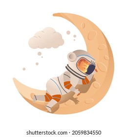 Cute boy astronaut in space suit sleeping on the moon. Design element can be used for children print, books, stickers, posters vector illustration