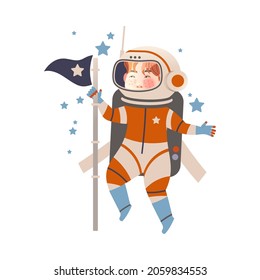 Cute boy astronaut in space suit with flag. Design element can be used for children print, books, stickers, posters vector illustration