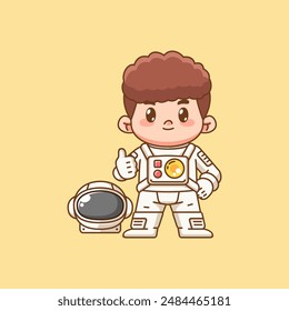 Cute boy astronaut thumbs up kawaii chibi character mascot illustration outline style set