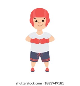 Cute Boy Athlete Practicing Box, Kid Doing Sports, Active Healthy Lifestyle Concept Cartoon Style Vector Illustration