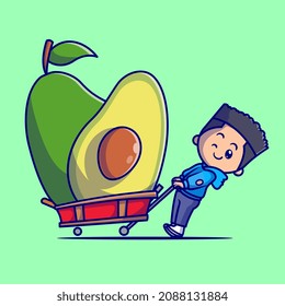 Cute Boy With Avocado Cartoon Vector Icon Illustration. People Fruit Icon Concept Isolated Premium Vector. Flat Cartoon Style.