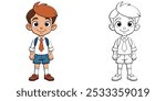 Cute Boy Back To School Cartoon. Cute Boy Coloring Page Printable For Kids. Student Coloring Book.