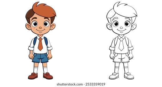 Cute Boy Back To School Cartoon. Cute Boy Coloring Page Printable For Kids. Student Coloring Book.