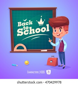 Cute Boy. Back to School isolated cartoon character near blackboard on violet background. Great illustration for a school books and more. VECTOR stock illustration.