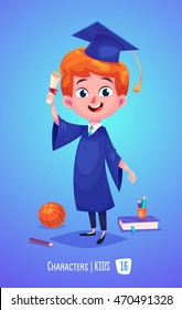 Cute Boy. Back to School isolated cartoon character with diploma book on blue background. Great illustration for a school books and more. VECTOR stock illustration.