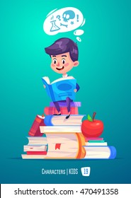 Cute Boy. Back to School isolated cartoon character with books and apple on blue background. Great illustration for a school books and more. VECTOR stock illustration.