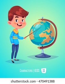 Cute Boy. Back to School isolated cartoon character with globe on yellow and blue background. Great illustration for a school books and more. VECTOR stock illustration.