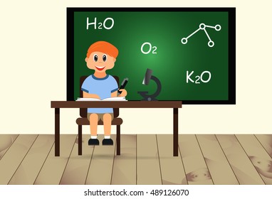 Cute Boy. Back to School isolated cartoon character with books and pen on blackboard background.