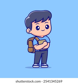 Menino Bonito Com Mochila E Livro Ilustração De Ícone De Vetor De Desenho Animado. Ícone Educação de Pessoas Conceito Isolado Premium Vetor. Estilo de Desenho Animado Plano