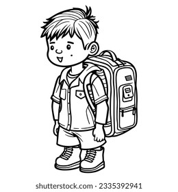 Niño lindo con página de color de mochila. De vuelta al concepto escolar. Ilustración del vector