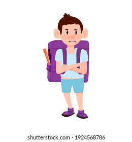 A cute boy with a backpack and crossed arms is angry.