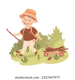 Cute Boy with Backpack Hiking and Trekking Exploring Nature Pulling Trolley with Brushwood Vector Illustration