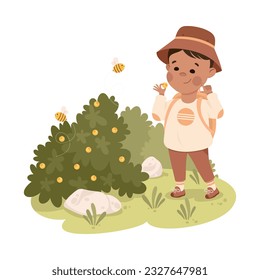 Cute Boy with Backpack Near Bush with Bees Hiking and Trekking Exploring Nature Vector Illustration