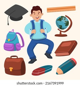 Cute boy with backpack and Set of Stationery elements for students for education and knowledge objects, study and learning items set in cartoon style,  vector illustration. 
