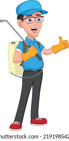 Cute Boy With Backpack Sprayer Thumbs Up