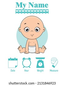 Cute boy with balloon. Baby birth print. Baby data template at birth. Weight, measurement, time and day of birth	