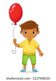 Cute boy with balloon. Hand drawn vector illustration